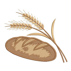 Könnte beinhalten: Gesticktes Design mit einem Brotlaib und Weizenähren in Braun- und Beigetönen. Das Brot hat ein strukturiertes Aussehen, und die Weizenähren sind mit einzelnen Körnern detailliert, vor weißem Hintergrund.