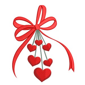 May include: A red bow with long flowing ribbons and a cluster of red hearts. The hearts are suspended from the bow by thin, gray-green lines. The design is a digital embroidery pattern.