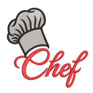 以下が含まれることがあります： グレーと黒のシェフの帽子が、赤い筆記体の「Chef」という単語の上に刺繍されたデザイン。白い背景に配置されています。キッチン装飾や料理をテーマにしたアイテムに最適です。