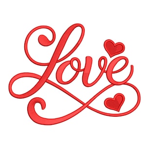 May include: Red embroidered design of the word "Love" in a cursive script. Two small red hearts are placed near the word. The design is on a white background.