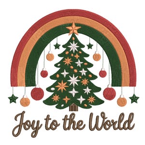 Puede incluir: Un diseño navideño con un árbol de Navidad verde adornado con estrellas y bolas naranjas y blancas. Un arcoíris se arquea sobre el árbol, con el texto "Joy to the World" debajo en escritura marrón. El diseño está sobre un fondo blanco.