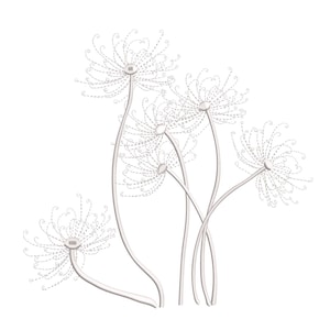 Puede incluir: Un delicado diseño floral blanco con cinco flores estilizadas con largos tallos curvos. Cada cabeza de flor está compuesta por intrincadas líneas arremolinadas, creando una apariencia texturizada y aireada. La obra de arte está sobre un fondo blanco limpio.