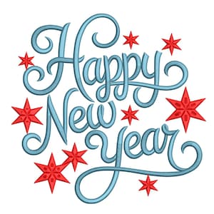 Może przedstawiać: Świąteczny wzór z napisem "Happy New Year" w jasnoniebieskim skrypcie, otoczony czerwonymi gwiazdami. Idealny na kartki okolicznościowe, dekoracje lub odzież.