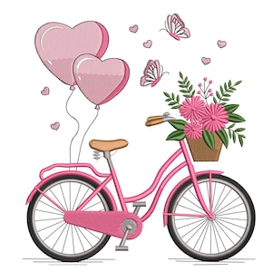 Może przedstawiać: Różowy rower z koszem różowych kwiatów, dwoma balonami w kształcie serca i motylami. Rower ma brązowe siodełko i kierownicę. Małe różowe serca są rozrzucone wokół roweru.