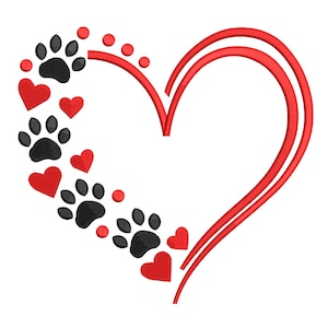 Puede incluir: Un diseño en forma de corazón rojo con doble contorno, adornado con huellas de patas negras, corazones rojos y círculos rojos. Ideal para amantes de las mascotas o San Valentín.