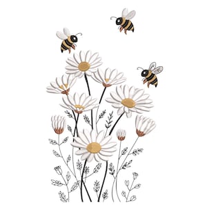 May include: An embroidered design featuring white daisies with yellow centers and black stems. Three cartoon bees with black and yellow stripes are flying around the flowers. The design is on a white background.