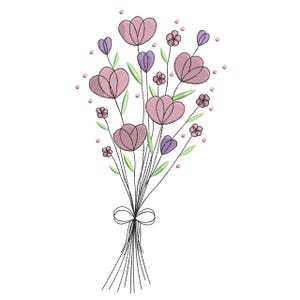 Puede incluir: Un ramo bordado de flores en tonos rosas y morados, atado con un lazo. Las flores tienen pétalos en forma de corazón y están dispuestas con tallos y hojas verdes. Pequeños puntos rosas están dispersos alrededor de las flores.