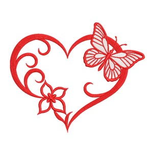 May include: Red embroidered design featuring a heart shape with a butterfly and a flower. The butterfly has white details, and the heart has decorative swirls. The design is on a white background.