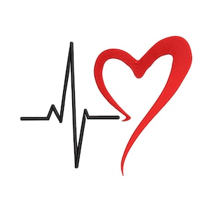 Peut inclure: Un tracé d'électrocardiogramme noir à côté d'une forme de cœur rouge. Le cœur est de couleur rouge uni et le tracé de l'électrocardiogramme est noir. Le fond est blanc.