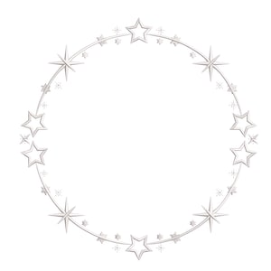 May include: A silver-colored circular decorative frame with star accents. The frame features a series of large and small stars arranged along a curved line, creating a celestial or festive design. The stars have a metallic sheen.