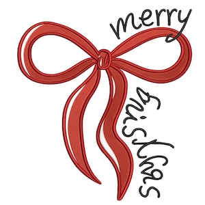 May include: A red bow with white detailing and the words "merry Christmas" in black script. The bow is a festive design, suitable for holiday decorations or crafts. The image is on a white background.