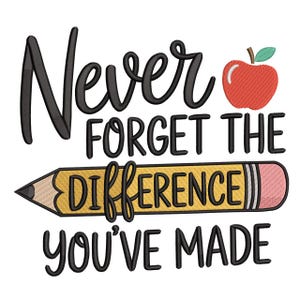 Pode incluir: Em fundo branco, texto preto "Never Forget The Difference You've Made". Um lápis amarelo com a palavra "Difference" no centro. Uma maçã vermelha com uma folha verde no canto superior direito.