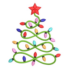 Pode incluir: Um design estilizado de árvore de Natal composto por uma videira verde adornada com luzes coloridas. Uma estrela vermelha está no topo da árvore. As luzes são em várias cores, incluindo vermelho, rosa, azul e amarelo.