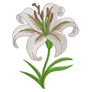 Pode incluir: Lírio branco bordado com pétalas detalhadas, detalhes em castanho e verde, e caule e folhas verdes. A flor é um design floral detalhado, perfeito para projetos de bordado e artesanato.