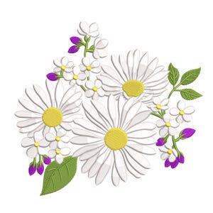 Può includere: Design floreale ricamato con margherite bianche con centri gialli, piccoli fiori bianchi, foglie verdi e boccioli viola. Il design è ambientato su uno sfondo bianco, creando un'illustrazione botanica vibrante e dettagliata.
