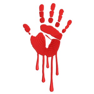 Può includere: Un'impronta di mano rossa con effetto sangue che gocciola su sfondo bianco. L'impronta è dettagliata, con linee e trame visibili, e le gocce di sangue sono allungate e stilizzate.