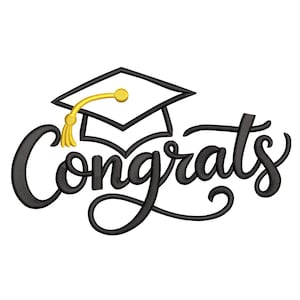 May include: Black script lettering spelling "Congrats" with a graduation cap icon. The cap is white with a black border and a gold tassel. The image is a celebratory design, perfect for graduation announcements and gifts.