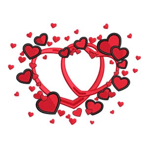 Puede incluir: Un diseño en forma de corazón rojo con un contorno negro, rodeado de corazones rojos más pequeños. El diseño presenta dos formas de corazón entrelazadas, creando un elemento romántico y decorativo. Perfecto para San Valentín u otros proyectos temáticos de amor.