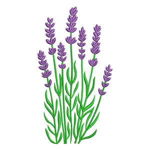 Könnte beinhalten: Gesticktes Design von Lavendelzweigen. Das Bild zeigt mehrere Lavendelstiele mit lila Blütenköpfen und grünen Stielen und Blättern, vor einem weißen Hintergrund. Das Design ist detailliert und scheint maschinell gestickt zu sein.