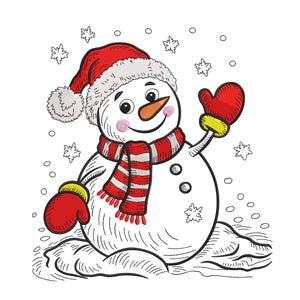 Peut inclure: Illustration d'un bonhomme de neige souriant, coiffé d'un bonnet rouge, d'une écharpe et de moufles. Le bonhomme de neige a un nez en carotte et fait un signe de la main. Des flocons de neige tombent autour de lui.