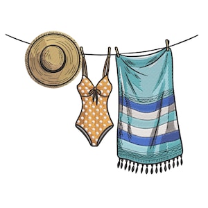 May include: A straw sun hat, a polka-dot swimsuit, and a striped beach towel hang from a clothesline. The swimsuit is orange with white polka dots. The towel is blue and white with a fringe.