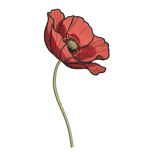 May include: A detailed embroidery of a red poppy flower with black outlines and a tan stem. The poppy's petals are textured, and the center has a detailed, textured design. The flower is set against a white background.