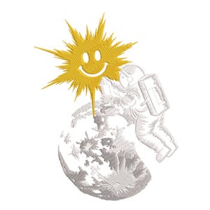 May include: An embroidered design featuring a smiling yellow sunburst and a detailed astronaut floating near a gray, textured moon. The astronaut is wearing a spacesuit and helmet, with a backpack. The design is on a white background.