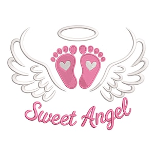 May include: A design featuring pink baby footprints with heart-shaped details, angel wings, and a halo. The words "Sweet Angel" are written in a cursive font below the footprints. The design is embroidered on a white background.