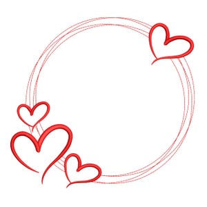 Puede incluir: Un diseño rojo con temática de corazón que presenta un marco circular compuesto por finas líneas rojas. Cuatro corazones rojos están colocados alrededor del marco, creando un elemento romántico y decorativo. El diseño está sobre un fondo blanco.