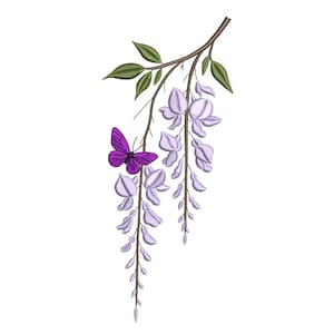 May include: An embroidered design featuring a purple butterfly perched on a wisteria branch. The wisteria has cascading lavender flowers and green leaves, all set against a white background. The design is detailed and delicate.