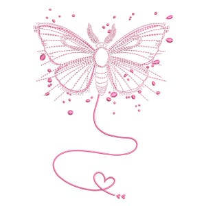 Pode incluir: Ilustração em linha rosa de uma mariposa com padrões de asas detalhados e uma cauda em forma de coração. A mariposa é cercada por formas de gotas rosa, tudo em um fundo branco. O design é delicado e feminino.