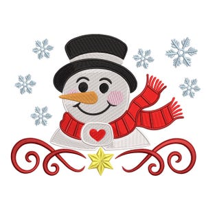 May include: A smiling snowman with a black top hat, orange carrot nose, and a red scarf. The snowman holds a heart and is surrounded by snowflakes and decorative red swirls. A yellow star is at the bottom.