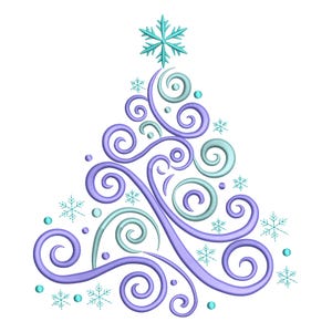 Könnte beinhalten: Ein stilisiertes Weihnachtsbaumdesign in Lila- und Türkistönen, verziert mit wirbelnden Linien, Schneeflocken und kleinen runden Akzenten. Eine türkisfarbene Schneeflocke ziert die Spitze des Baumes. Auf weißem Hintergrund.