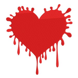 Può includere: Un design a forma di cuore rosso con un aspetto strutturato e un effetto di vernice gocciolante. La forma del cuore è al centro, con la vernice gocciolante che si estende verso l'esterno dai bordi del cuore. Il design è su sfondo bianco.