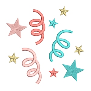 May include: An assortment of embroidered stars and streamers in various colors. The stars are in shades of pink, gold, and teal. The streamers are in shades of pink, coral, and teal. The design is on a white background.