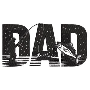 May include: Black and white graphic design featuring the word "DAD" with a fishing theme. The letter "D" has a silhouette of a fisherman casting a line, and the letter "D" has a fish jumping out of the water. Snowflakes are scattered throughout the letters.