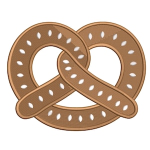 May include: A brown pretzel with white salt flecks, embroidered on a white background. The pretzel is a traditional German baked bread, with a distinctive knot shape. The image is a close-up of the pretzel, highlighting the texture and details.