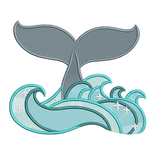 May include: An embroidered design featuring a whale tail rising from stylized ocean waves. The whale tail is a muted gray, while the waves are shades of blue and teal, with white star accents.