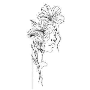 May include: A black and white line drawing of a woman's profile, adorned with flowers. The flowers are positioned in her hair and along her neck, creating a floral crown effect. The artwork is minimalist and elegant, suitable for wall art or design.