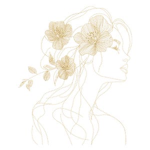 May include: An embroidered illustration of a woman's profile, featuring golden thread flowers in her hair. The design is set against a white backdrop, with the woman's features and flowing hair delicately outlined. The artwork has a soft, feminine style.
