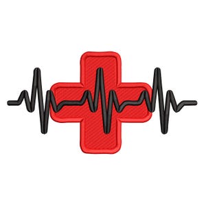 Puede incluir: Una cruz roja con un diseño de línea de latido cardíaco negro. La cruz es de color rojo sólido con una textura cosida. La línea de latido cardíaco negra atraviesa la cruz, creando un tema médico o de atención médica.