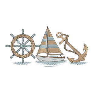 Puede incluir: Diseño náutico bordado con un timón, un velero y un ancla. El timón es marrón y azul claro, el velero tiene rayas beige y azul claro, y el ancla es marrón con una cuerda.