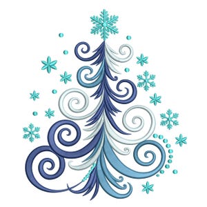 Può includere: Un design stilizzato di albero di Natale nei toni del blu e del bianco, adornato con motivi a spirale e accenti di fiocchi di neve. L'albero è sormontato da un fiocco di neve turchese e circondato da fiocchi di neve e punti più piccoli.