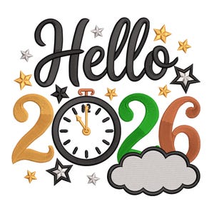 Stickdatei Hello 2026 – Neujahrsuhr & Sterne