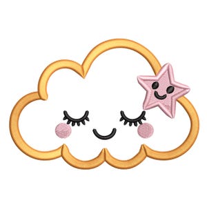 May include: Embroidered design of a smiling cloud with closed eyelashes, rosy cheeks, and a pink star. The cloud has a gold outline and a black smiling mouth. The star has a black smiling face.