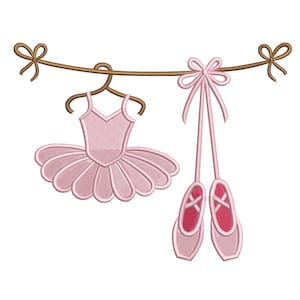 May include: A pink ballet tutu and pointe shoes hang from a brown line with bows. The tutu is on a wooden hanger. The pointe shoes have pink ribbons and red soles.