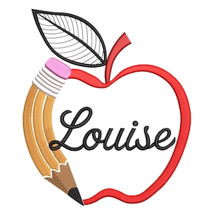 Puede incluir: Un contorno de manzana roja con una hoja negra y un lápiz. El lápiz es amarillo con una goma de borrar rosa y una punta marrón. El nombre "Louise" está escrito en cursiva negra dentro de la manzana.