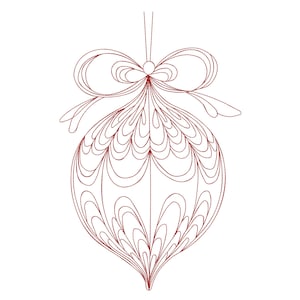 Puede incluir: Un diseño de adorno navideño rojo estilizado. El adorno presenta un lazo en la parte superior y un cuerpo en forma de lágrima con líneas curvas. El diseño, sobre un fondo blanco, crea un aspecto festivo y elegante.