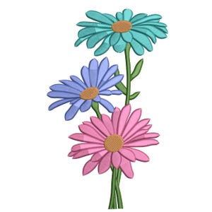 May include: An embroidered design featuring three daisies in shades of teal, lavender, and pink. The flowers have yellow centers and green stems and leaves, set against a white background. The design is likely for a craft project.