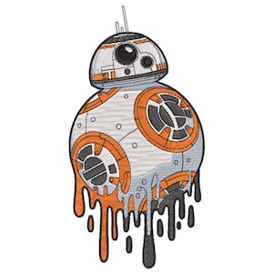 May include: An embroidered patch featuring a stylized BB-8 droid design. The droid is primarily white and orange, with black accents and a dripping effect at the bottom. The design is a cartoonish representation of the Star Wars character.